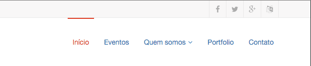Menu do site em português, com os ítens: Home, Eventos, Quem Somos, Portólio e Contato 