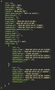 A imagem mostra um Objeto JSON retornando os dados de log dentro dos dados da Ordem