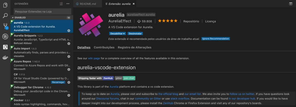 Captura de tela que mostra alguns plugins úteis, bem como o plugin do Aurelia para o Visual Studio Code