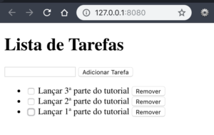 Lista de tarefas com várias tarefas adicionadas, bem como botões para remover e adicionar tarefas.