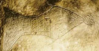 Imagem de um Peixe e um homem sengo engolido por ele, representando Jonas. Imagem gravada em pedra em uma tumba dos primeiros cristãos.