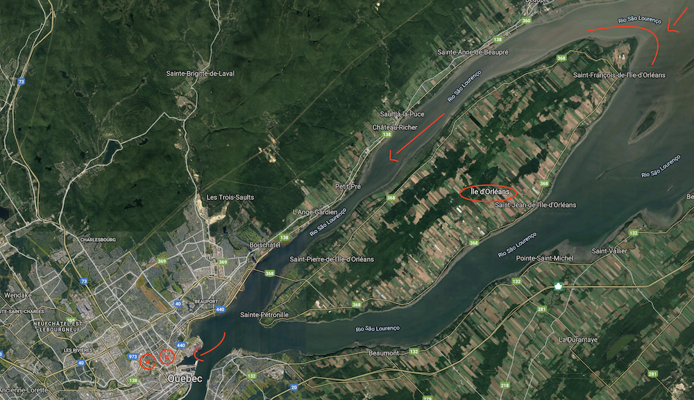 Mapa que mostra a Ilha de Orléans e a cidade de Québec, com destaque para a foz do rio Saint Charles e o local de invernada de Jacques Cartier.