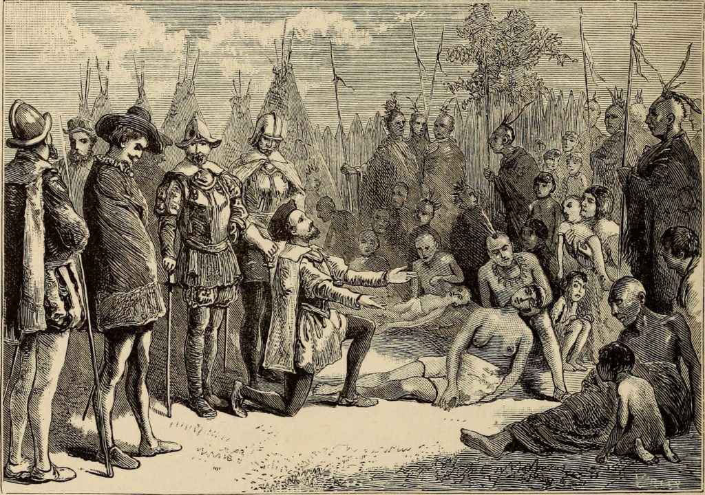 A imagem mostra Jacques Cartier ajoelhado em frente a tribo indígena de Hocheaga, hoje Montréal
