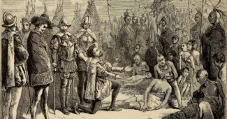 A imagem mostra Jacques Cartier ajoelhado em frente a tribo indígena de Hocheaga, hoje Montréal