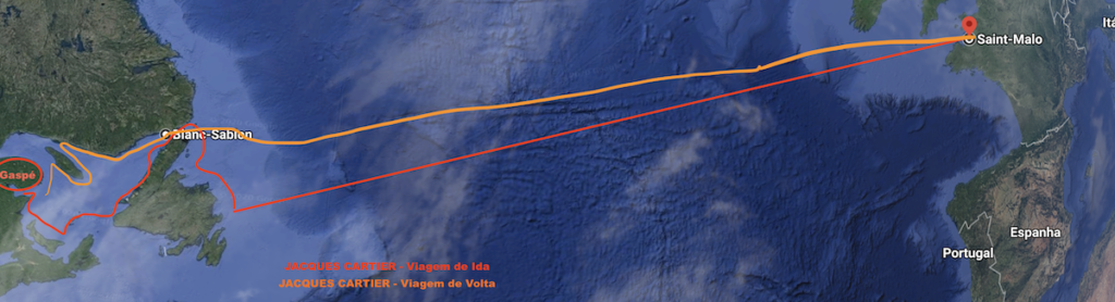 Mapa mostrando a rota da primeira viagem de Jacques Cartier